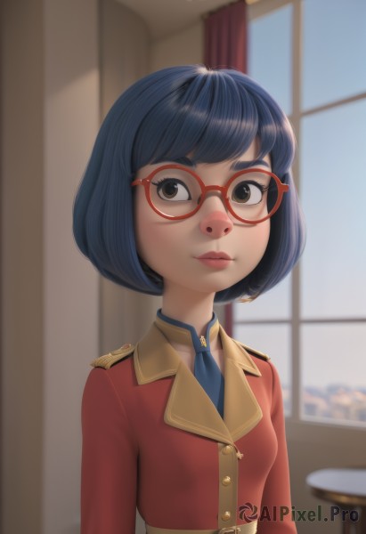 1girl,solo,breasts,looking at viewer,short hair,bangs,shirt,long sleeves,brown eyes,closed mouth,blue hair,jacket,upper body,small breasts,necktie,glasses,belt,artist name,indoors,blurry,uniform,lips,military,window,military uniform,depth of field,blurry background,bob cut,curtains,red jacket,red-framed eyewear,epaulettes,blue necktie,nose,black eyes,realistic