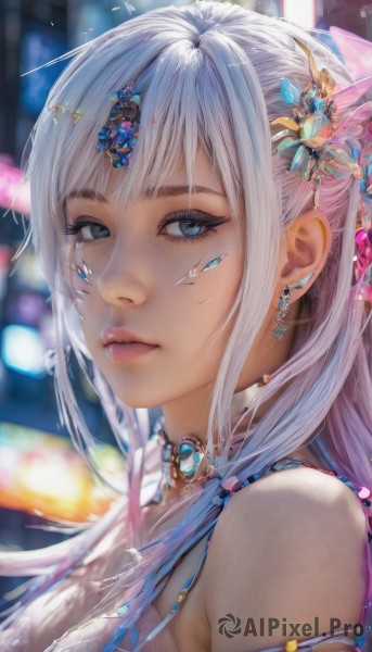 1girl,solo,long hair,breasts,looking at viewer,bangs,blue eyes,hair ornament,bare shoulders,jewelry,upper body,white hair,multicolored hair,earrings,parted lips,choker,hair flower,necklace,blurry,from side,lips,grey eyes,eyelashes,makeup,depth of field,blurry background,gem,portrait,close-up,armlet,eyeshadow,crystal,realistic,nose,blue gemstone,mascara,closed mouth,sidelocks,facial mark,feathers,feather hair ornament,head chain