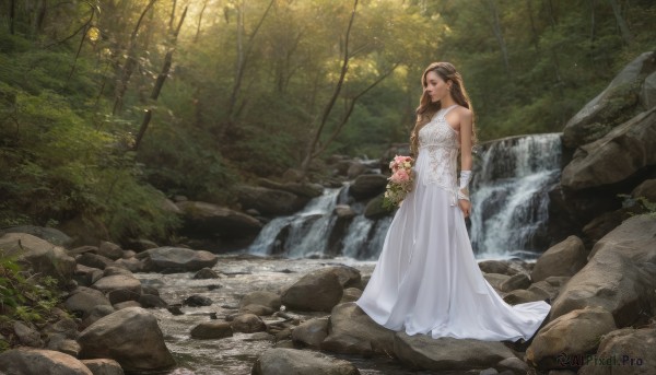 1girl,solo,long hair,breasts,brown hair,hair ornament,dress,holding,bare shoulders,brown eyes,jewelry,medium breasts,standing,braid,flower,hairband,outdoors,sleeveless,day,water,white dress,tree,sleeveless dress,sunlight,plant,nature,scenery,forest,rock,bouquet,wedding dress,long dress,holding bouquet,bride,river,waterfall,stream,pointy ears,elf,pink flower,moss