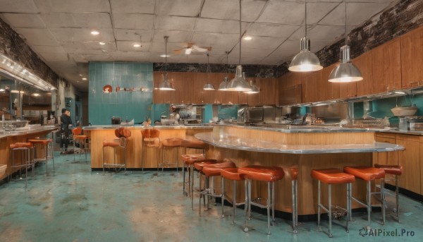 indoors,cup,no humans,chair,table,bottle,scenery,plate,drinking glass,reflection,bowl,tiles,light,lamp,wine glass,stool,shelf,tile wall,ceiling,bar (place),sink,restaurant,counter,ceiling light,cafe,bar stool,black hair,sitting,tile floor,wide shot