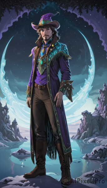 solo,long hair,looking at viewer,brown hair,shirt,long sleeves,1boy,hat,brown eyes,jewelry,standing,full body,male focus,boots,outdoors,open clothes,sky,belt,pants,water,necklace,tree,coat,witch hat,night,facial hair,brown footwear,black pants,moon,gem,star (sky),night sky,beard,starry sky,crystal,rock,belt buckle,mustache,purple shirt,brown belt,purple headwear,brown pants,cliff,black hair,star (symbol),black eyes,crescent moon