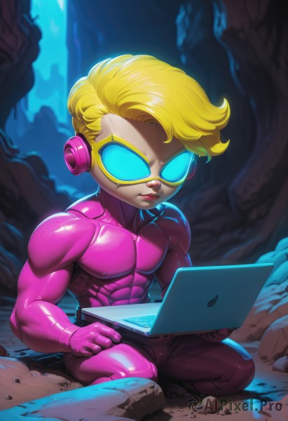 solo,short hair,blonde hair,gloves,1boy,sitting,closed mouth,male focus,shiny,pants,bodysuit,muscular,glowing,colored skin,headphones,abs,pectorals,muscular male,computer,pink gloves,laptop,pink bodysuit,signature,lips,male child,tinted eyewear