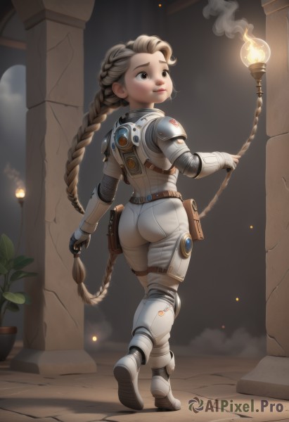 1girl,solo,long hair,blonde hair,brown hair,gloves,holding,brown eyes,very long hair,full body,ass,braid,boots,looking back,indoors,fingerless gloves,from behind,armor,lips,single braid,bodysuit,plant,smoke,walking,pouch,torch,dust,fire,rope,pillar