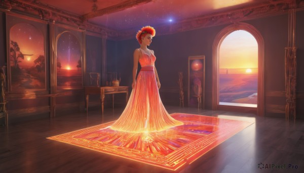 1girl,solo,breasts,looking at viewer,smile,short hair,hair ornament,red eyes,dress,bare shoulders,jewelry,standing,full body,flower,red hair,earrings,sky,sleeveless,indoors,dark skin,orange hair,dark-skinned female,sleeveless dress,chair,arms behind back,red dress,table,star (sky),scenery,starry sky,reflection,sunset,wooden floor,orange dress,painting (object),carpet,black hair,cloud,necklace,sash,window,headband,ocean,plant,sun,potted plant,wide shot,vase,rug