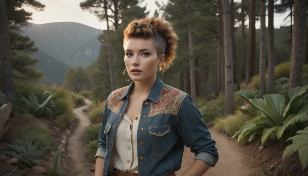 1girl,solo,looking at viewer,short hair,brown hair,shirt,brown eyes,jewelry,jacket,white shirt,upper body,ponytail,earrings,outdoors,parted lips,open clothes,day,belt,necklace,open jacket,tree,lips,buttons,grass,plant,denim,blue jacket,nature,scenery,buckle,sleeves rolled up,forest,curly hair,pocket,hoop earrings,realistic,nose,unbuttoned,brown belt,leather,denim jacket,breasts,artist name,makeup,lipstick,jeans