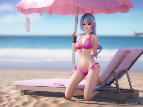 1girl,solo,long hair,breasts,looking at viewer,smile,bangs,large breasts,hair ornament,navel,cleavage,brown eyes,jewelry,medium breasts,blue hair,collarbone,swimsuit,full body,yellow eyes,ponytail,flower,bikini,multicolored hair,outdoors,parted lips,sky,barefoot,day,hair flower,water,blurry,lips,kneeling,gradient hair,depth of field,blurry background,side-tie bikini bottom,ocean,umbrella,chair,beach,table,front-tie top,arm behind back,front-tie bikini top,sand,pink bikini,shade,parasol,beach umbrella,lounge chair,beach chair,personification