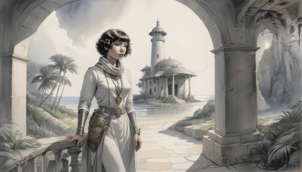 1girl,solo,looking at viewer,short hair,bangs,black hair,long sleeves,dress,jewelry,standing,outdoors,sky,day,pointy ears,belt,pants,cloud,water,necklace,scarf,white dress,black eyes,tree,lips,ocean,sunlight,grass,plant,building,scenery,pouch,robe,white pants,fantasy,palm tree,railing,vambraces,bracer,belt pouch,pillar,white robe,arch,column,breasts,hair ornament,parted lips,beach,cloudy sky,curly hair