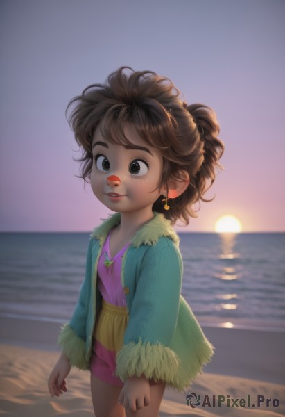 1girl,solo,smile,short hair,brown hair,shirt,long sleeves,brown eyes,jewelry,standing,jacket,ponytail,earrings,outdoors,parted lips,open clothes,sky,shorts,dark skin,water,necklace,black eyes,flat chest,dark-skinned female,lips,coat,fur trim,ocean,beach,child,backlighting,freckles,pink shirt,sunset,sand,arms at sides,sun,horizon,female child,blue coat,skirt,teeth