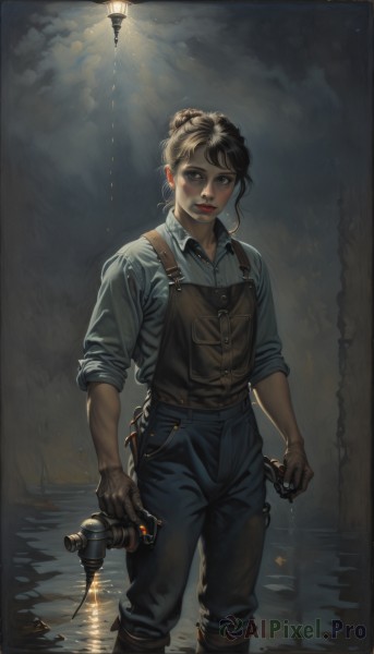 1girl,solo,looking at viewer,short hair,brown hair,shirt,black hair,gloves,holding,brown eyes,standing,braid,boots,parted lips,collared shirt,pants,indoors,water,hair bun,black eyes,lips,wet,brown footwear,single hair bun,knee boots,suspenders,grey shirt,brown gloves,wading,sleeves rolled up,freckles,realistic,light,lamp,overalls,dark,dirty,dirty face,leather boots,flashlight,outdoors,sky,teeth,cloud,cloudy sky,blue shirt,denim,blue pants,red lips,blue overalls