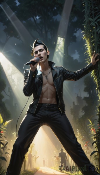 short hair,open mouth,black hair,long sleeves,1boy,navel,holding,jewelry,standing,jacket,closed eyes,male focus,earrings,outdoors,multiple boys,open clothes,teeth,solo focus,belt,pants,artist name,necklace,open jacket,tree,black jacket,muscular,black pants,abs,sunlight,sunglasses,cross,pectorals,plant,nature,microphone,buckle,forest,toned,black belt,light rays,belt buckle,music,leather,holding microphone,cross necklace,singing,crowd,leather jacket,no shirt,spotlight,concert,cable,manly,stage,leather pants