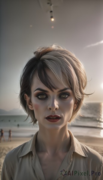 1girl,solo,looking at viewer,short hair,open mouth,bangs,brown hair,shirt,black hair,brown eyes,collarbone,white shirt,upper body,outdoors,parted lips,sky,teeth,solo focus,collared shirt,artist name,blurry,lips,makeup,depth of field,blurry background,ocean,beach,lipstick,messy hair,grey shirt,freckles,injury,realistic,red lips,watercraft,dirty,multiple girls,water,eyelashes,sunlight,portrait,backlighting,shore