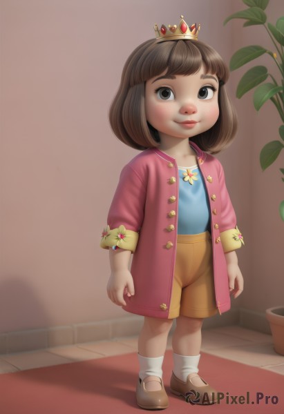 1girl,solo,looking at viewer,smile,short hair,bangs,brown hair,shirt,long sleeves,brown eyes,closed mouth,standing,jacket,full body,open clothes,shoes,shorts,socks,indoors,medium hair,black eyes,flat chest,open jacket,lips,buttons,shadow,brown footwear,crown,blue shirt,plant,white socks,child,freckles,unbuttoned,female child,potted plant,pink jacket,brown shorts,yellow shorts,blush,bob cut