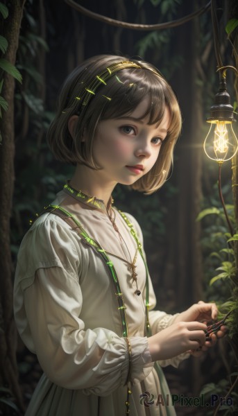 1girl,solo,looking at viewer,short hair,bangs,brown hair,hair ornament,long sleeves,dress,holding,brown eyes,jewelry,closed mouth,standing,upper body,hairband,outdoors,puffy sleeves,necklace,nail polish,white dress,blurry,black eyes,tree,lips,fingernails,see-through,depth of field,blurry background,leaf,bob cut,plant,nature,puffy long sleeves,forest,lantern,realistic,nose,key,vines,day,from side,expressionless,light