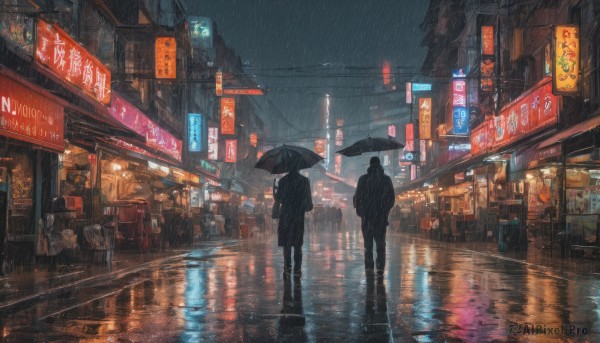 holding, standing, outdoors, multiple boys, sky, from behind, dutch angle, night, umbrella, building, scenery, reflection, walking, rain, holding umbrella, city, sign, road, power lines, street, puddle, neon lights