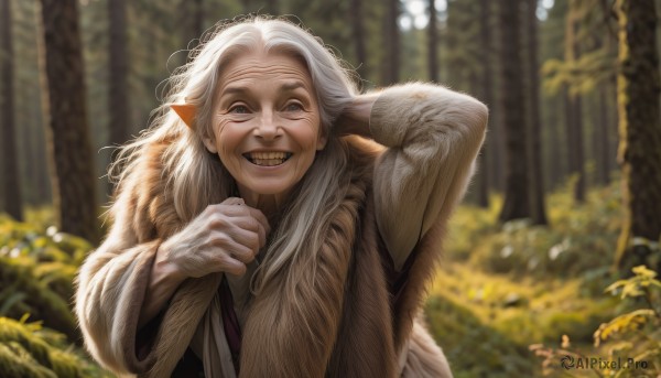 1girl,solo,long hair,looking at viewer,smile,blue eyes,long sleeves,upper body,white hair,outdoors,teeth,day,hand up,grin,blurry,arm up,tree,fur trim,depth of field,blurry background,messy hair,nature,forest,arm behind head,robe,realistic,old,old man,fur,old woman,wrinkled skin,1boy,male focus,pointy ears,makeup