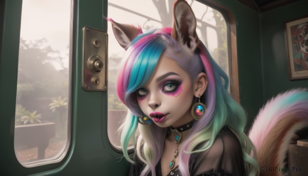 1girl,solo,long hair,looking at viewer,bangs,blue eyes,animal ears,jewelry,blue hair,tail,upper body,pink hair,purple hair,multicolored hair,earrings,parted lips,choker,artist name,indoors,necklace,collar,two-tone hair,lips,streaked hair,see-through,eyelashes,window,aqua hair,gradient hair,makeup,fox tail,swept bangs,facial mark,piercing,plant,lipstick,gem,pendant,eyeshadow,pink lips,nose,eyeliner,spiked collar,mascara,squirrel ears,squirrel tail,blue eyeshadow,pink eyeshadow,green hair,black choker,portrait,realistic,rainbow hair