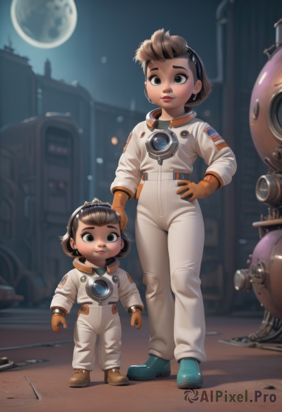 1girl,looking at viewer,smile,short hair,multiple girls,brown hair,black hair,gloves,2girls,brown eyes,standing,full body,hairband,black eyes,lips,hand on hip,night,moon,tiara,goggles,child,full moon,freckles,science fiction,realistic,female child,orange gloves,spacesuit,blue eyes,jewelry,earrings,parted lips,shoes,watermark,web address,wrench,screwdriver,astronaut