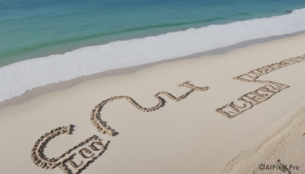 1girl,solo,outdoors,water,english text,no humans,ocean,beach,scenery,sand,horizon,waves,shore,desert,footprints,white background,sky,day,from side,traditional media