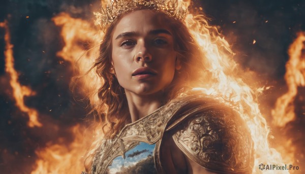 1girl,solo,long hair,looking at viewer,blue eyes,brown hair,closed mouth,upper body,parted lips,artist name,armor,blurry,lips,blurry background,watermark,wavy hair,fire,crown,shoulder armor,portrait,curly hair,pauldrons,realistic,nose,1boy,brown eyes,male focus,smoke,embers