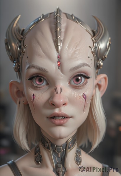 1girl,solo,looking at viewer,short hair,blonde hair,red eyes,jewelry,collarbone,earrings,parted lips,horns,teeth,pink eyes,blurry,lips,eyelashes,depth of field,blurry background,headgear,portrait,close-up,freckles,science fiction,veins,realistic,android,cyborg,cyberpunk,mechanical parts,choker,artist name,signature,fangs,piercing,nose,eyebrow piercing