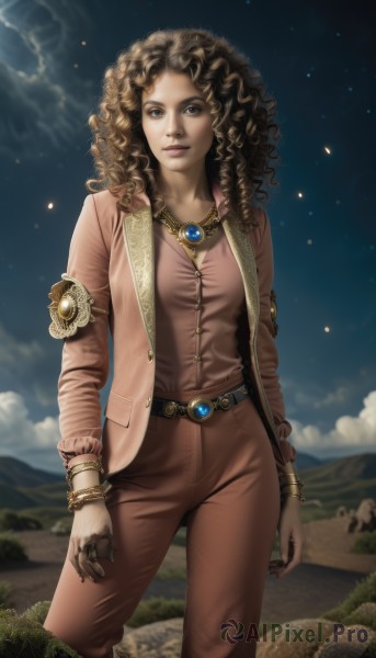 1girl,solo,long hair,breasts,looking at viewer,brown hair,shirt,brown eyes,jewelry,medium breasts,standing,jacket,outdoors,open clothes,sky,belt,pants,cloud,dark skin,necklace,bracelet,open jacket,dark-skinned female,lips,night,star (sky),night sky,curly hair,pink shirt,rock,realistic,nose,afro,smile,long sleeves,cowboy shot,buttons,watermark,wavy hair,ring,cloudy sky,grass,gem,web address,arms at sides,brown pants