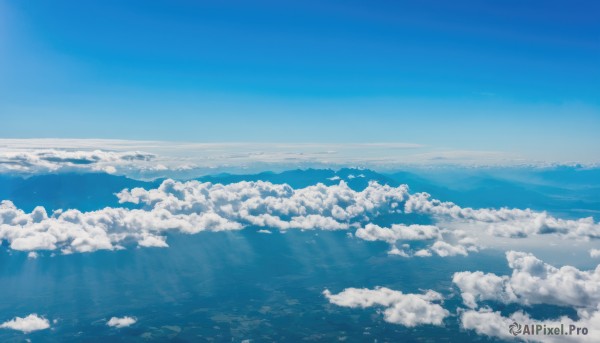 monochrome,outdoors,sky,day,cloud,water,blue sky,no humans,ocean,sunlight,cloudy sky,scenery,blue theme,horizon,landscape,above clouds