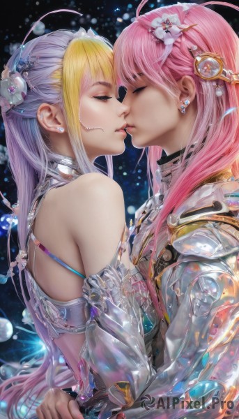 long hair,bangs,multiple girls,blonde hair,hair ornament,2girls,bare shoulders,jewelry,closed eyes,upper body,pink hair,flower,multicolored hair,earrings,parted lips,hair flower,yuri,armor,from side,two-tone hair,lips,eyelashes,hug,profile,kiss,realistic,imminent kiss,ahoge,detached sleeves,see-through,couple,nose,stud earrings