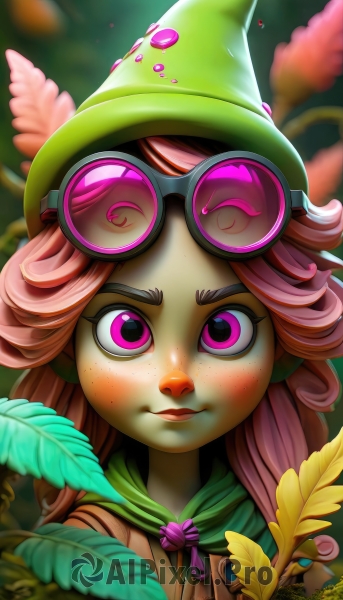 1girl,solo,long hair,looking at viewer,smile,bangs,hat,holding,closed mouth,purple eyes,pink hair,flower,artist name,pink eyes,blurry,blurry background,leaf,watermark,feathers,plant,goggles,portrait,web address,freckles,curly hair,goggles on head,green headwear,goggles on headwear,upper body,glasses,lips,sunglasses,eyewear on head