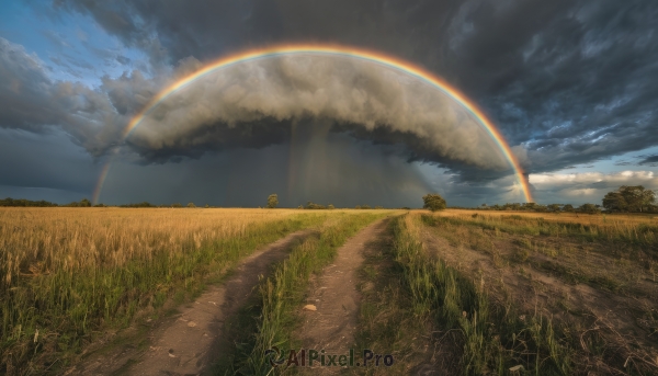 outdoors,sky,day,cloud,tree,blue sky,no humans,cloudy sky,grass,nature,scenery,road,field,rainbow,sunlight,light rays,sun,landscape