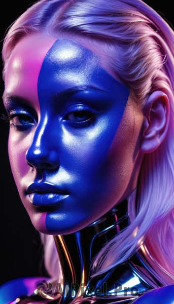 1girl,solo,long hair,looking at viewer,blue eyes,blonde hair,simple background,closed mouth,shiny,lips,makeup,colored skin,lipstick,black background,portrait,realistic,nose,blue skin,eyelashes,bodysuit,close-up,eyeshadow,alien,blue lips