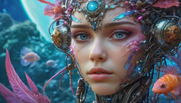 1girl, solo, looking at viewer, blue eyes, hair ornament, flower, parted lips, blurry, lips, eyelashes, makeup, night, blurry background, moon, feathers, portrait, fish, science fiction, realistic, nose, cable, goldfish