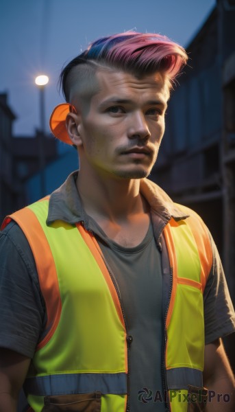 solo,looking at viewer,short hair,shirt,black hair,1boy,closed mouth,jacket,upper body,pink hair,short sleeves,male focus,multicolored hair,outdoors,parted lips,open clothes,artist name,dark skin,blurry,black eyes,vest,two-tone hair,lips,black shirt,night,blurry background,facial hair,dark-skinned male,grey shirt,freckles,realistic,nose,undercut,green vest,lamppost,open vest,grey vest,mohawk,brown eyes,sky,hair bun,open jacket,multicolored clothes,beard,zipper,stubble,chest hair