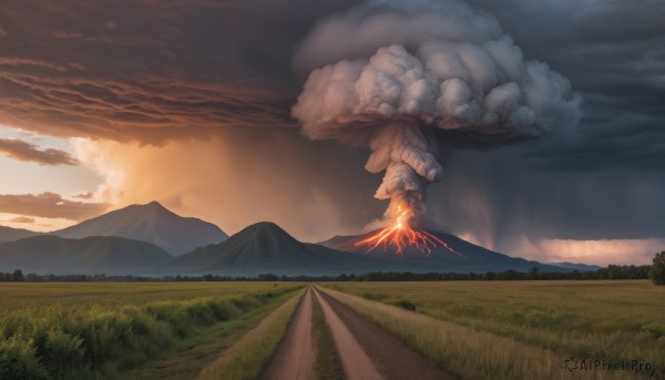 outdoors,sky,cloud,tree,no humans,cloudy sky,grass,fire,nature,scenery,smoke,sunset,monster,mountain,road,field,landscape,mountainous horizon,hill,molten rock