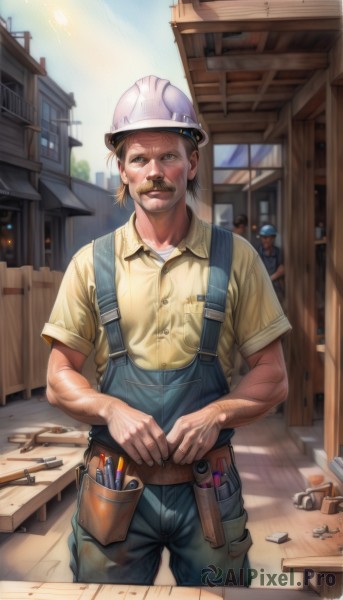 looking at viewer,smile,short hair,brown hair,shirt,1boy,hat,brown eyes,standing,short sleeves,male focus,outdoors,multiple boys,sky,solo focus,day,collared shirt,indoors,2boys,facial hair,white headwear,sunlight,helmet,own hands together,building,beard,yellow shirt,realistic,mustache,overalls,paintbrush,old,dirty,old man,blue overalls,tools,holding,closed mouth,cowboy shot,pants,blurry,blue sky,window,suspenders,denim,veins,pocket,wooden floor,nose,blue pants,manly,pencil,hardhat