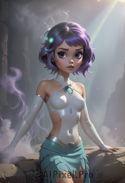 1girl,solo,breasts,looking at viewer,short hair,bangs,skirt,hair ornament,gloves,bare shoulders,medium breasts,standing,purple eyes,collarbone,purple hair,multicolored hair,cowboy shot,small breasts,parted lips,detached sleeves,teeth,elbow gloves,shiny,artist name,white gloves,fingerless gloves,shiny hair,covered nipples,leotard,lips,blue skirt,torn clothes,covered navel,watermark,gem,skin tight,smoke,light rays,nose,white leotard,blush,dark skin,sunlight