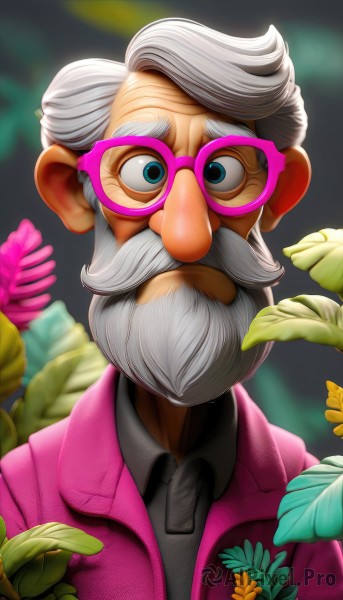 solo,looking at viewer,blue eyes,shirt,1boy,jacket,upper body,flower,white hair,grey hair,male focus,necktie,glasses,collared shirt,blurry,black shirt,blurry background,facial hair,leaf,halo,portrait,beard,mustache,pink jacket,old,old man,pink-framed eyewear,closed mouth,white shirt,artist name,depth of field,thick eyebrows,wing collar,realistic