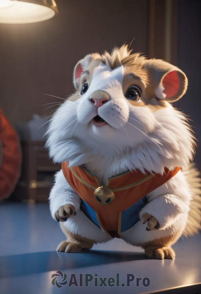 solo,open mouth,blue eyes,standing,full body,indoors,blurry,no humans,bell,depth of field,blurry background,animal,cat,jingle bell,claws,neck bell,realistic,light,lamp,animal focus,white fur,whiskers,clothed animal,looking at viewer,brown eyes,mouse