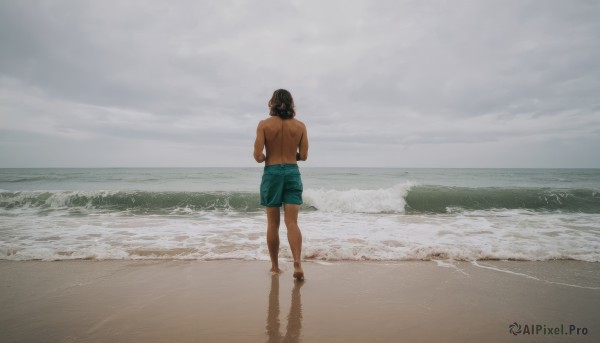 1girl,solo,black hair,1boy,standing,male focus,outdoors,sky,shorts,barefoot,day,cloud,dark skin,water,hair bun,from behind,ocean,back,beach,single hair bun,dark-skinned male,cloudy sky,scenery,walking,topless male,sand,facing away,male swimwear,waves,swim trunks,medium hair,shadow,reflection,horizon,wide shot,footprints