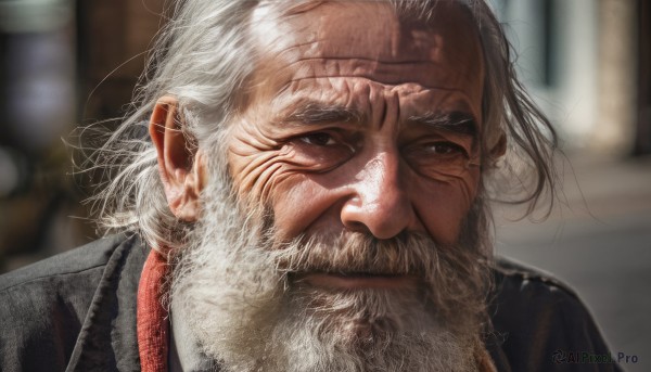 solo,looking at viewer,1boy,closed mouth,jacket,upper body,white hair,grey hair,male focus,indoors,blurry,black jacket,grey eyes,depth of field,blurry background,facial hair,scar,portrait,beard,realistic,mustache,old,old man,wrinkled skin,signature,black eyes,scar on face,scar across eye,manly