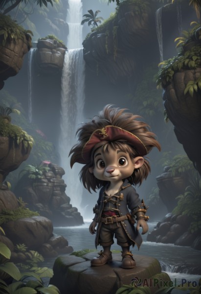 solo,looking at viewer,smile,open mouth,brown hair,1boy,hat,brown eyes,standing,full body,male focus,boots,outdoors,pointy ears,belt,pants,water,tree,coat,brown footwear,plant,nature,furry,brown gloves,rock,brown belt,furry male,hat feather,leather,waterfall,pirate hat,pirate,moss,barrel,gloves,long sleeves,teeth