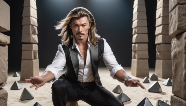 1girl,solo,long hair,looking at viewer,blonde hair,brown hair,shirt,1boy,brown eyes,jewelry,white shirt,male focus,belt,pants,dark skin,vest,bracelet,dark-skinned female,lips,black pants,ring,realistic,pillar,waistcoat,facial hair,scar,beard,rock,manly,animification