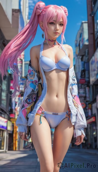 1girl,solo,long hair,breasts,looking at viewer,bangs,long sleeves,navel,cleavage,bare shoulders,twintails,brown eyes,jewelry,medium breasts,closed mouth,standing,collarbone,jacket,swimsuit,pink hair,bikini,earrings,outdoors,open clothes,sky,choker,day,pink eyes,off shoulder,stomach,hair bun,blurry,open jacket,lips,looking to the side,double bun,blurry background,white bikini,blue bikini,city,realistic,blue eyes,hair ornament,small breasts,road,street,pink choker