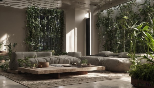 day,indoors,pillow,no humans,window,table,sunlight,plant,scenery,couch,light rays,potted plant,lamp,vines,cushion,rug,bed,tiles,wall,tile floor