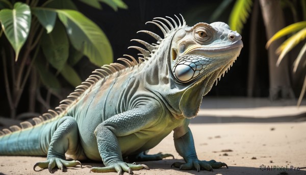 HQ,solo,tail,full body,outdoors,teeth,day,blurry,tree,no humans,blurry background,animal,leaf,beach,plant,sharp teeth,all fours,claws,monster,realistic,sand,palm tree,animal focus,alien,dinosaur,lizard,looking at viewer,brown eyes,standing,fish