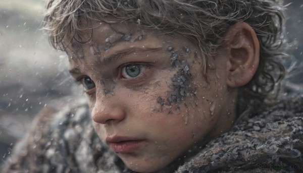 1girl,solo,looking at viewer,short hair,blue eyes,1boy,closed mouth,grey hair,male focus,outdoors,blurry,lips,grey eyes,blurry background,portrait,snow,close-up,freckles,ice,snowing,realistic,nose,winter,grey sky,black hair,depth of field,looking away,expressionless,wind,looking afar