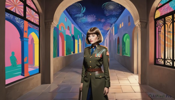 1girl,solo,looking at viewer,short hair,bangs,blue eyes,brown hair,shirt,long sleeves,holding,brown eyes,standing,cowboy shot,parted lips,necktie,solo focus,belt,indoors,uniform,lips,coat,military,window,military uniform,buttons,shadow,blue necktie,pink lips,silhouette,tiles,flag,double-breasted,tile floor,aiguillette,stained glass,medal,closed mouth,sky,collared shirt,pants,bag,night,swept bangs,bob cut,star (sky),night sky,epaulettes,nose,arms at sides,brown belt,architecture,fireworks,pillar,church,arch