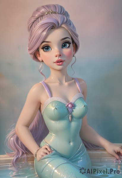 1girl,solo,long hair,breasts,looking at viewer,blush,blue eyes,hair ornament,dress,cleavage,bare shoulders,jewelry,medium breasts,sitting,very long hair,collarbone,ponytail,pink hair,purple hair,earrings,small breasts,parted lips,artist name,water,nail polish,blurry,bracelet,leotard,lips,see-through,hand on hip,eyelashes,covered navel,makeup,blurry background,skin tight,eyeshadow,freckles,smile,blue dress,watermark,lipstick,gem,adapted costume,web address,partially submerged,shiny clothes,realistic,nose,red lips,princess,aqua dress