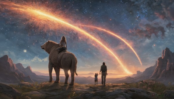 1girl,short hair,black hair,1boy,standing,outdoors,multiple boys,sky,pants,cloud,hood,2boys,from behind,night,animal,cloudy sky,grass,star (sky),night sky,scenery,starry sky,sunset,mountain,fantasy,shooting star,milky way,long hair,multiple girls,2girls,flower,bag,rock,oversized animal