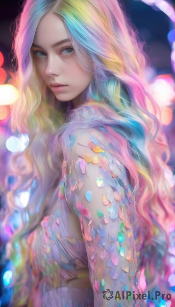 1girl,solo,long hair,breasts,looking at viewer,blue eyes,blonde hair,medium breasts,closed mouth,blue hair,upper body,pink hair,multicolored hair,artist name,blurry,from side,two-tone hair,lips,looking to the side,grey eyes,depth of field,blurry background,wavy hair,monster girl,realistic,nose,mermaid,bokeh,rainbow hair,mole,eyelashes,mole under eye,watermark,web address,forehead,colorful