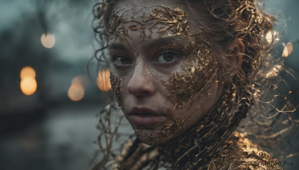 1girl,solo,looking at viewer,blonde hair,brown eyes,closed mouth,blurry,lips,depth of field,blurry background,portrait,freckles,science fiction,realistic,nose,short hair,brown hair,black hair,jewelry,earrings,eyelashes,close-up,gold